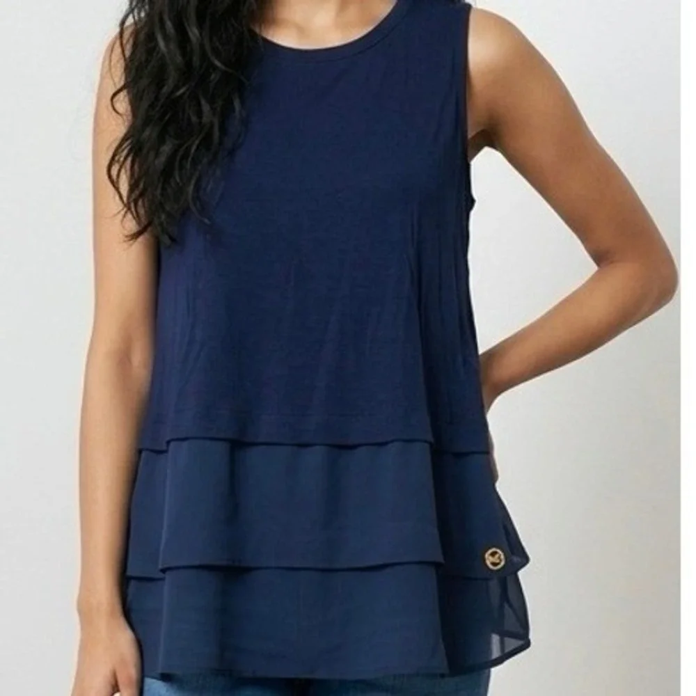 Michael Kors Layered Tank Top Womens XL Navy Blue Chiffon Hem Blouse - Picture 1 of 6